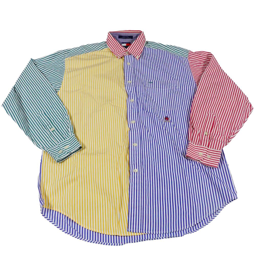 Tommy Hilfiger Y2K 90s Hiphop Streetwear Colorblock Button Up Shirt Men's Medium